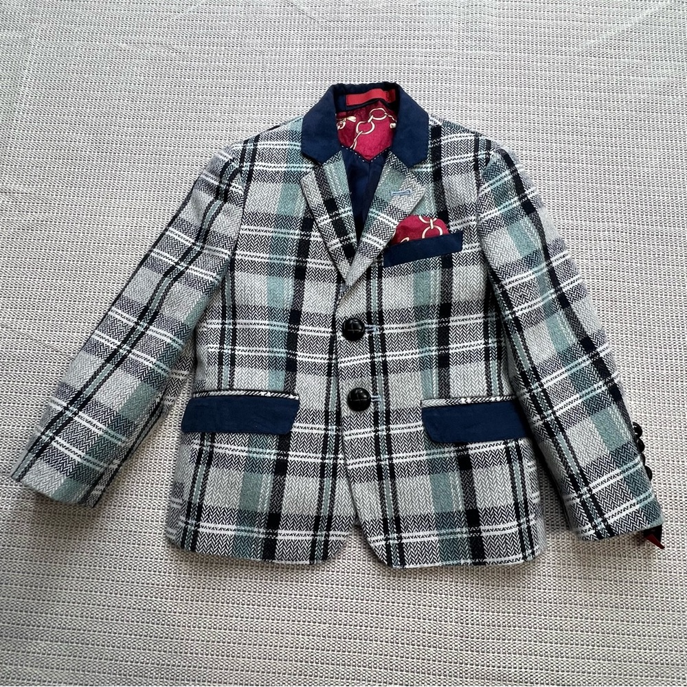 Elie Balleh Milano Italy Sz 2/3 Boys Patched Elbow Plaid Blazer Preppy, Classic